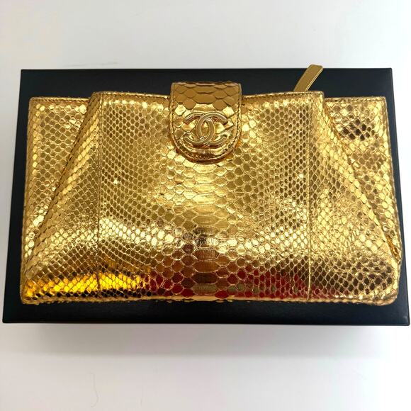 Chanel Gold Metallic Python Clutch Series 19 2014 Full Set Glam - Picture 2 of 16